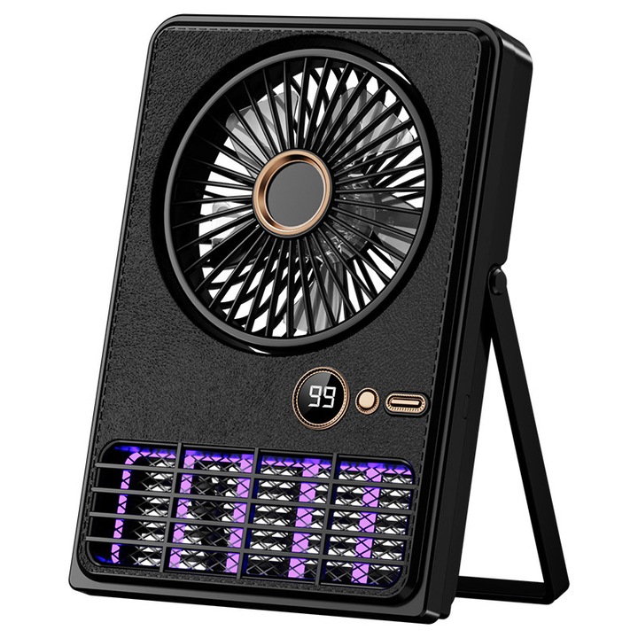 Лампа против комари с настолен/стенен вентилатор, 5 скорости, сгъваема, с LCD екран, 3000 mAh, черна