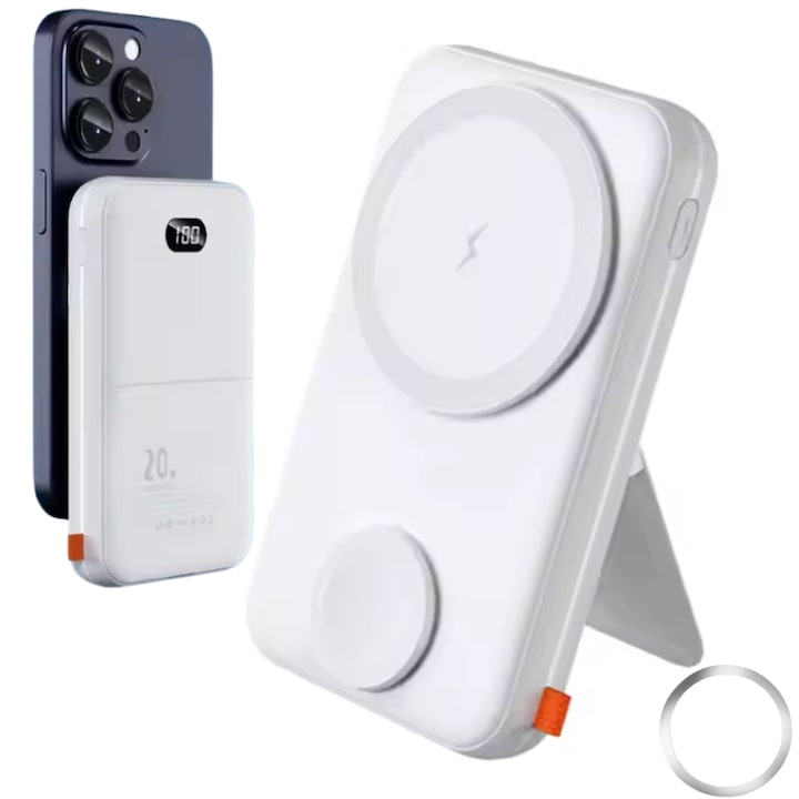Външна батерия 3 в 1 безжичен магнитен ESL от Essential Level®, Power Bank 10000 mAh, PD 20 W, Magsafe съвместим LED дисплей за батерии, магнитен метален пръстен, бял