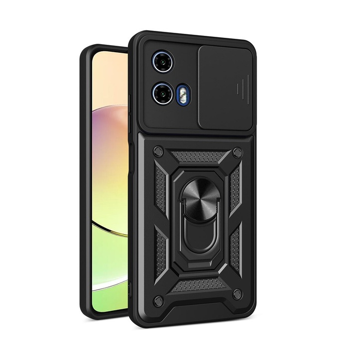 Husa telefon, pentru Motorola Moto G24 Power Capac de obiectiv al camerei glisante, inel rotativ 360°, Negru