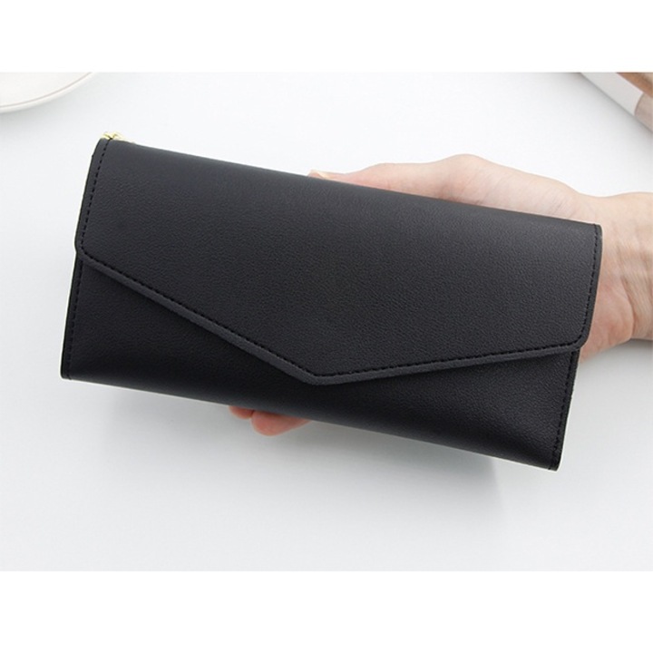 Portofel dama, piele ecologica, sistem inchidere capse, 14 compartimente, negru