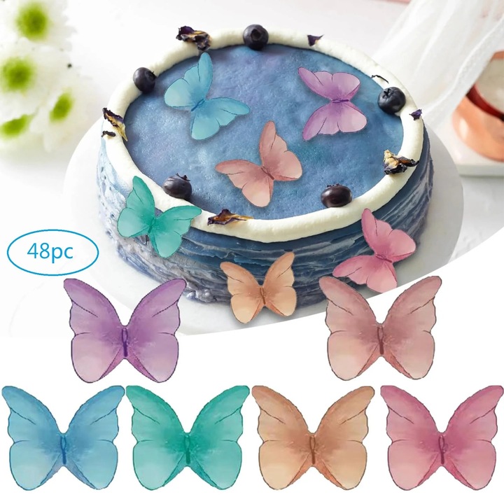 Decoratiuni pentru tort ZYBLSSBB LSM2xh10363-BCS0014339, fluturi din hartie comestibila 3D, culori mixte (mov/albastru/turcoaz/roz), 48 buc.