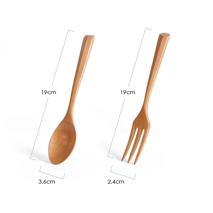 Set tacamuri din lemn YANYXR BCS2998517, lingura si furculita reutilizabile finisate cu ulei alimentar, natural, 2 piese, 19 cm