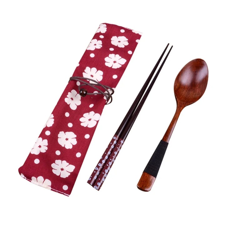 Комплект дървени прибори за хранене, 2 части, лъжица и клечки за хранене, елегантен дизайн, екологичен, 18,5x23,5 см