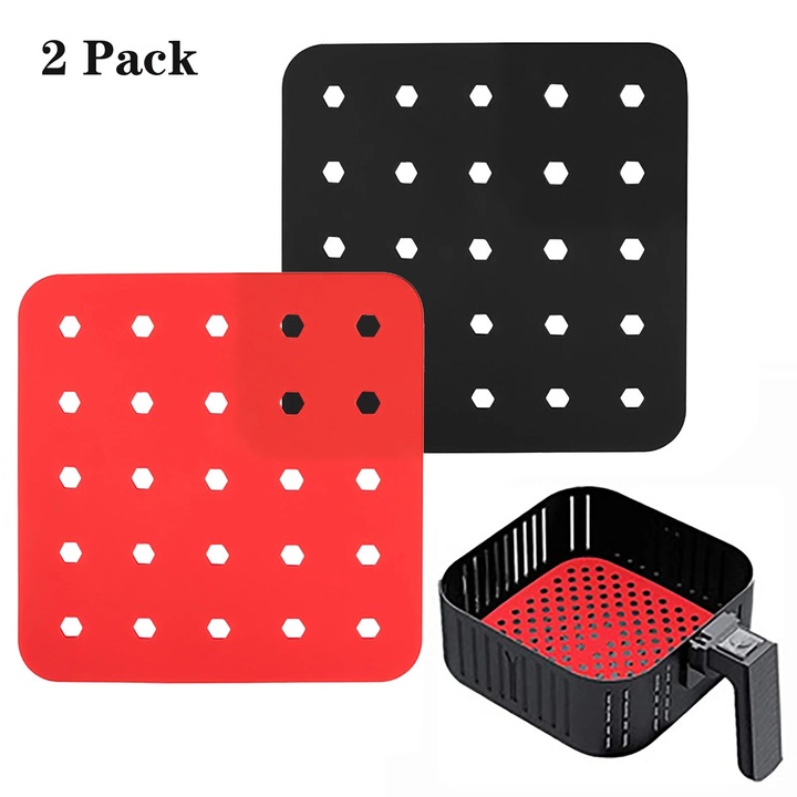 Covoras din silicon pentru friteuza YANYXR BCS3165527, perforat, reutilizabil, antiaderent, rezistent la caldura pana la 221°C, rosu/negru, set 2, 19 x 19 x 0,2 cm