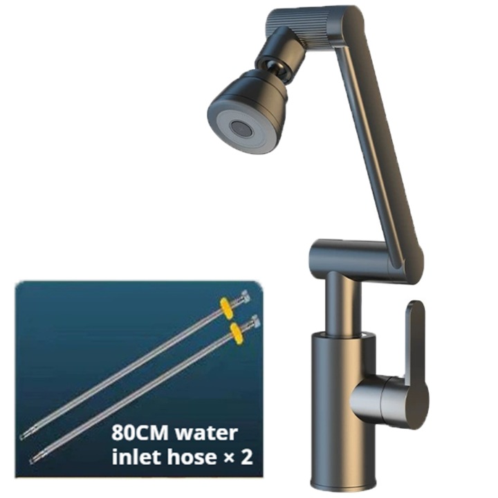 Konyhai csaptelep kihúzható zuhanyfejjel, Univerzális Splash Filter csaptelep 1080°-ban elforgatható robotkarral, kétféle sugárral, rozsdamentes acélból, tartozékokkal, modern és elegáns design, fekete