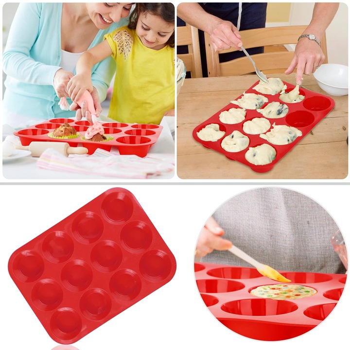 Tava silicon pentru briose 12 cupuri, antiaderenta, rezistenta la temperaturi, culoare rosu, 30x20cm