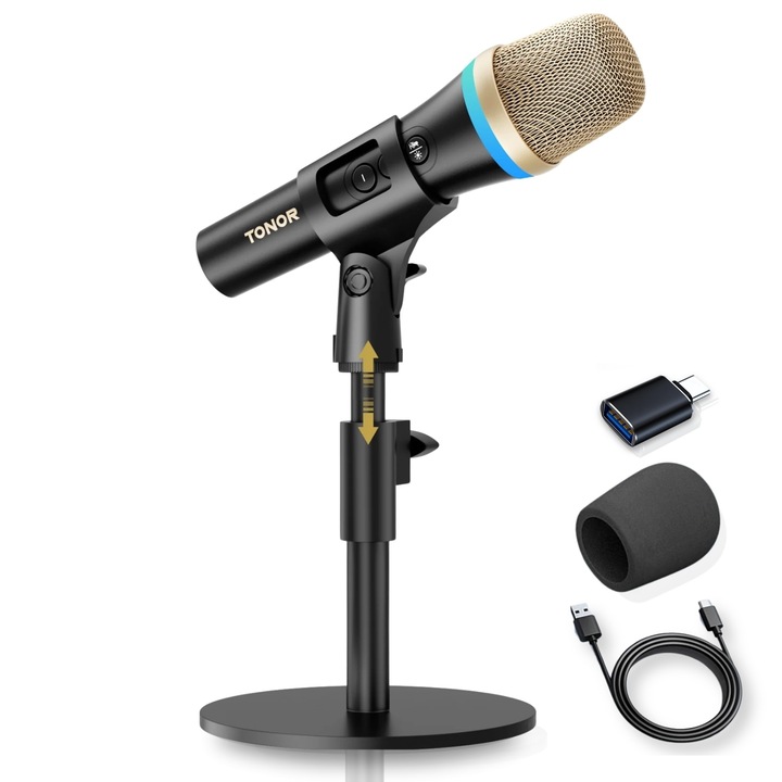 Професионален микрофон за компютър / мобилен телефон, динамичен, Tonor TD310 - RGB светлина, бързо заглушаване и стойка за подкаст игри с RGB, запис, поточно предаване на живо, USB Type C, USB A-UsbC адаптер, 3/8''-5/8'' монтаж, черен