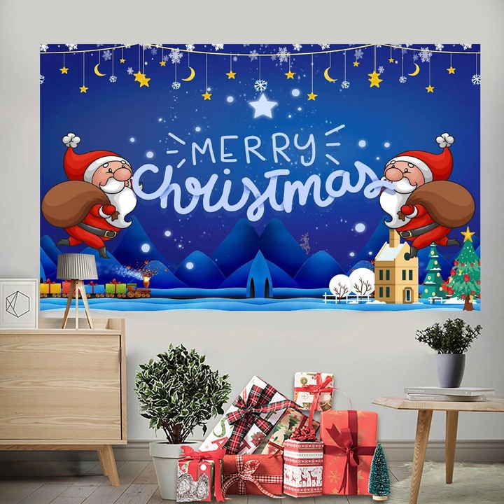 Tapiserie de perete pentru Craciun ZYBLSSBB LSM2xh7132-BCS0009927-2, poliester cu imprimeu "Merry Christmas", albastru, 150x90/180x100/180x110/180x115/200x115 cm