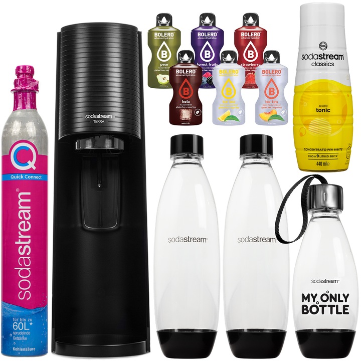 Szódagép szett SodaStream Terra Black + 3 Palack + Szirup Tonik 440ml, 1 db + Bolero