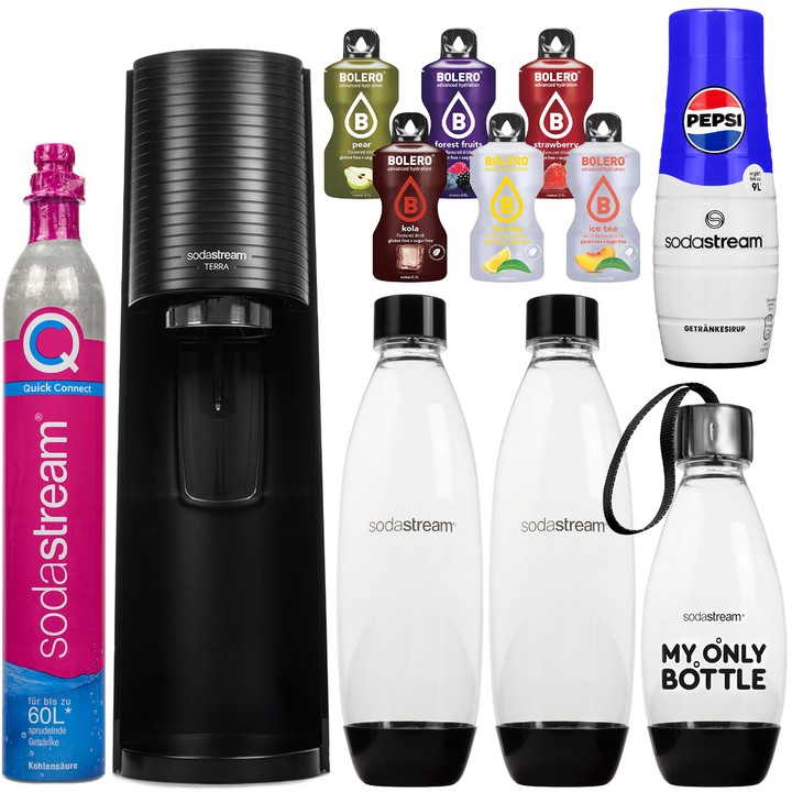 Szódagép szett SodaStream Terra Black + 3 Palack + Szirup Pepsi, 1 db + Bolero
