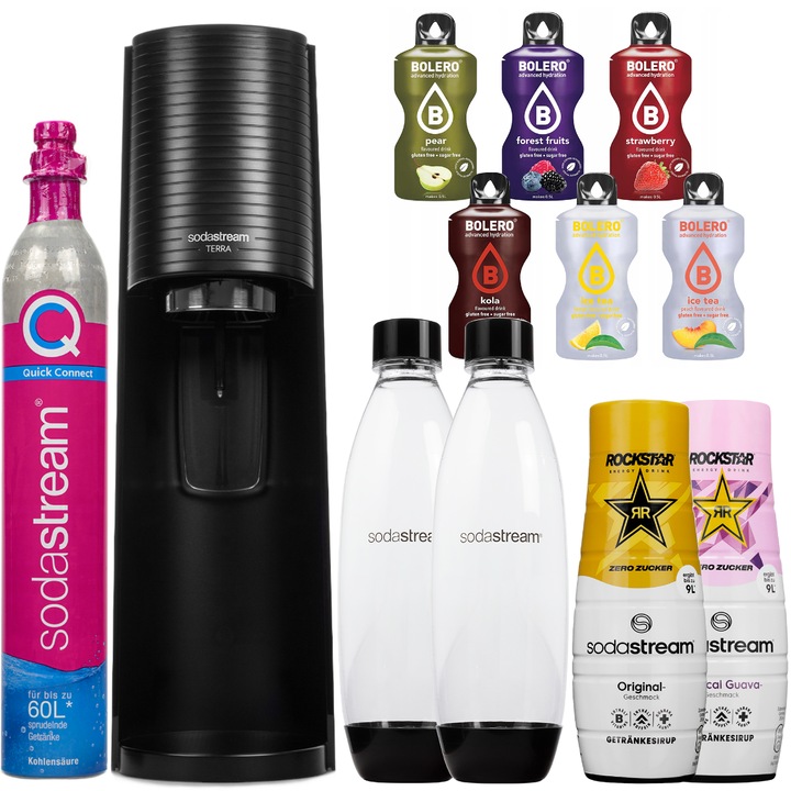 Szódagép szett SodaStream Terra Black + 2 Palack + Szirup Rockstar Original Zero, Rockstar Tropical Guava Zero, 2 db + Bolero