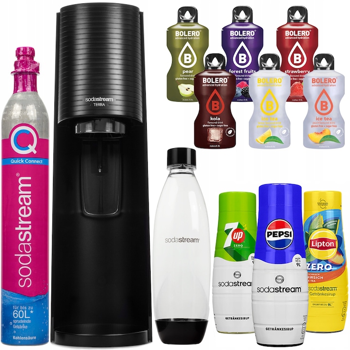 Szódagép szett SodaStream Terra Fekete + 1 Palack, 1L, Fekete + Pepsi + Lipton + 7UP, 3 db + Bolero