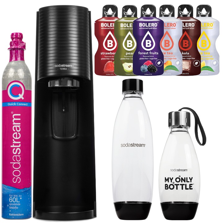 Szódagép szett SodaStream Terra Black + 1 Palack, Fekete, 1L + My Only Bottle Fekete, 0, 5 L + Bolero