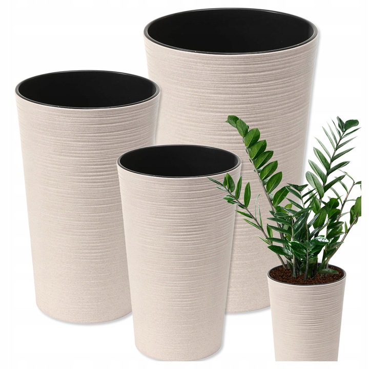 Set de 3x Ghivece de flori, rotunde, Lamela, Lilia, 19cm, 25cm, 30cm, Alb