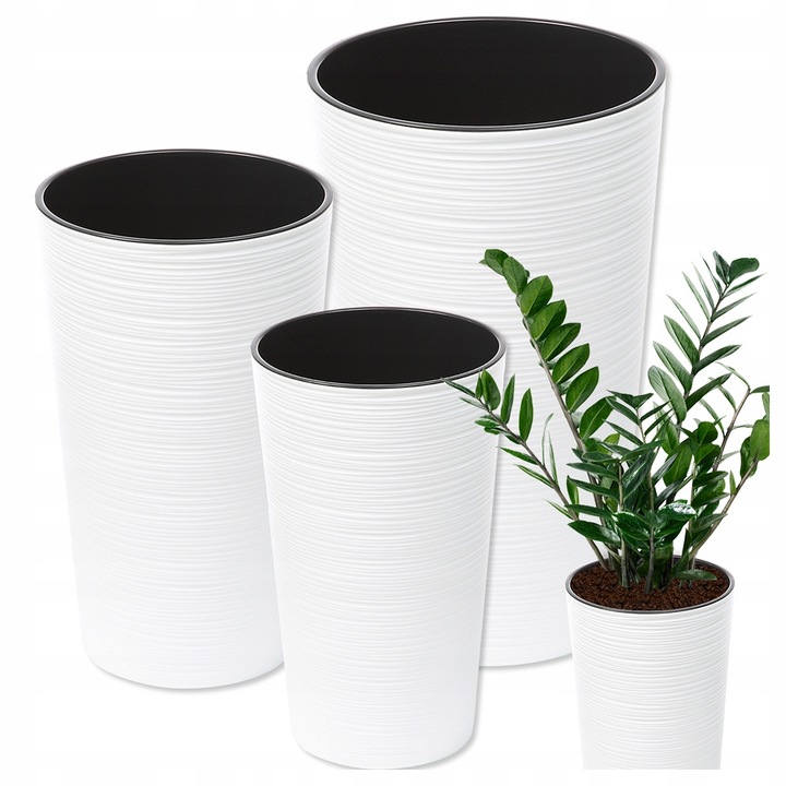 Set 3x Ghivece de flori, rotunde Lamela, Lilia, 19cm, 25cm, 30cm, Alb