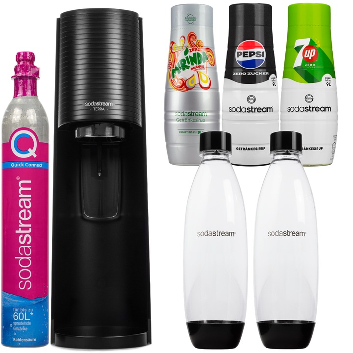 Szódagép szett SodaStream Terra Black + 2 Palack + Szirup Pepsi Max, Mirinda Light, 7UP Free, 3 db