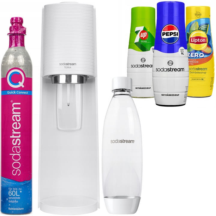 Szódagép szett SodaStream Terra White + 1 Palack, 1L, Fehér + Szirup Pepsi, Lipton, 7UP, 3 db