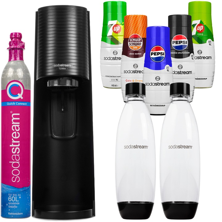 Szódagép szett SodaStream Terra Black + 2 Palack + Szirup Pepsi, Pepsi MAX, 7UP Zero, 7UP, Schwip Schwap Zero, 5 db