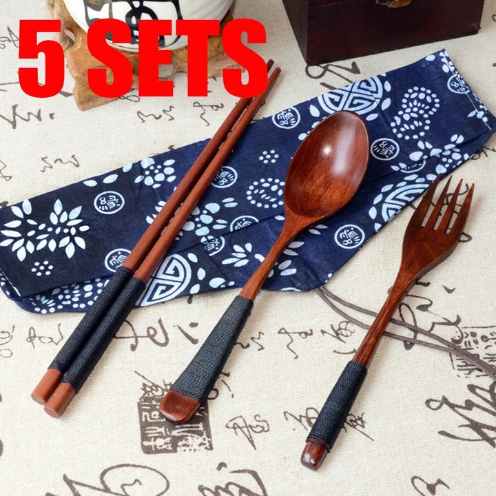 Комплект от 5 винтидж китайски дървени прибори за хранене, вилица, лъжица, клечки за хранене, черно/каки, 18,5x17,5x22,5 см