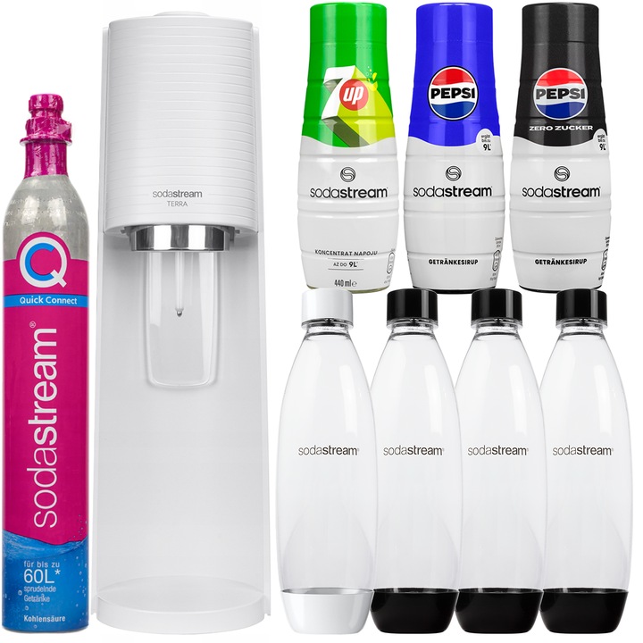 Szódagép szett SodaStream Terra White + 1 Palack, Fehér, 1L + Palackok, Fekete, 1L, 3 db + Szirup Pepsi, Pepsi Max, 7UP, 3 db