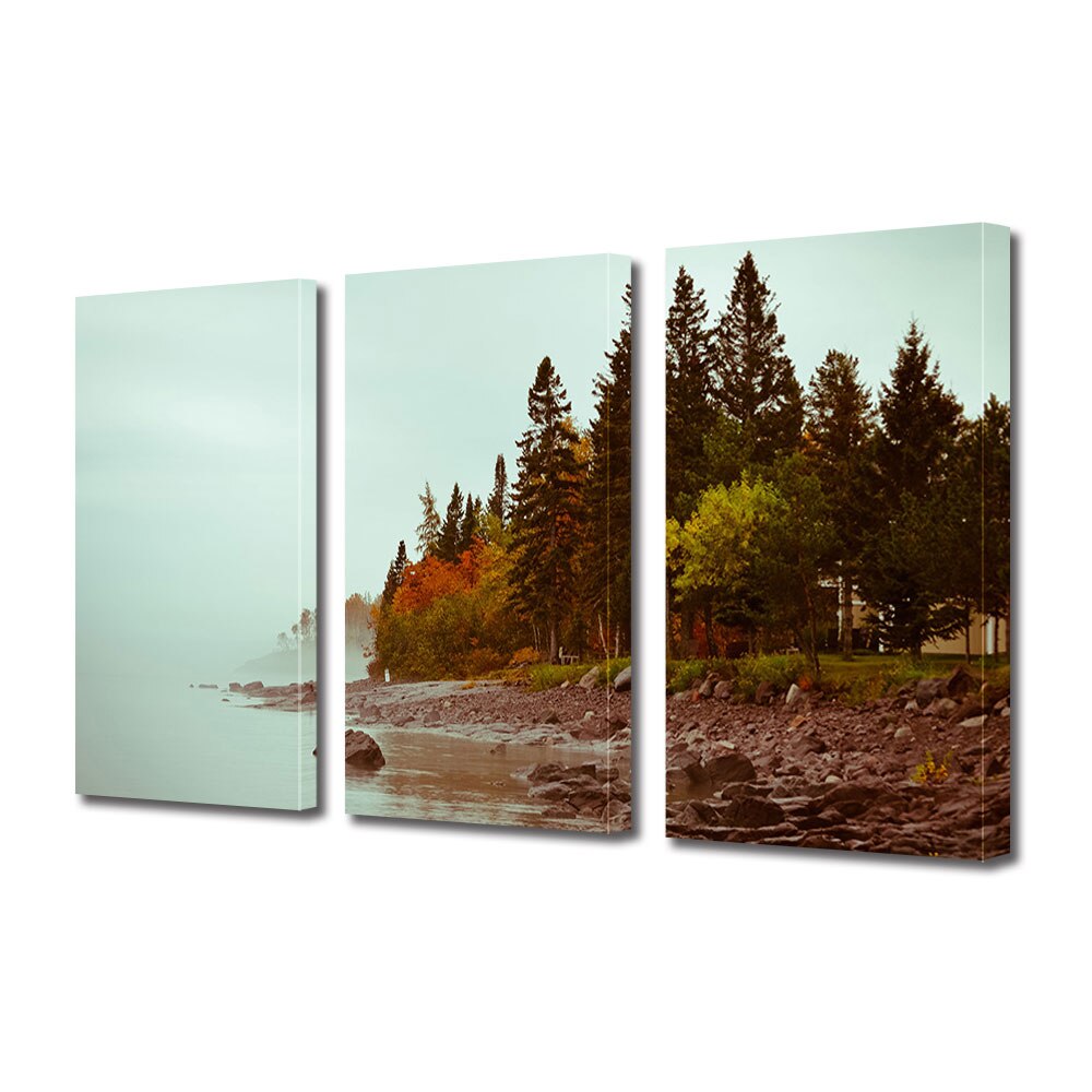 Set Tablouri Multicanvas 3 Piese Peisaj de Toamna cu Malul lacului pietros, 100 x 210 cm