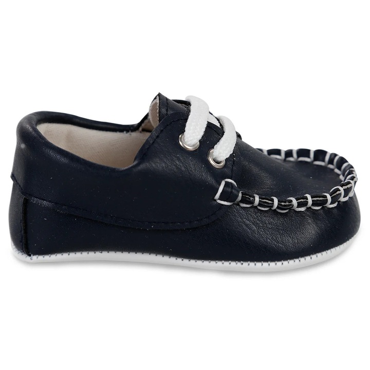 Pantofi usori PRIMII PASI pentru bebelusi, Piele ecologica, Inchidere cu siret, Talpa flexibila, Bleumarin