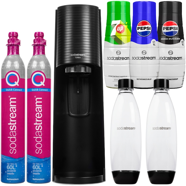 Szódagép szett SodaStream Terra Black + 2 Palack + Szirup Pepsi, Pepsi Zero, 7UP, 3 db + SodaStream CO2 patron a Szódagép szett QuickConnecthez