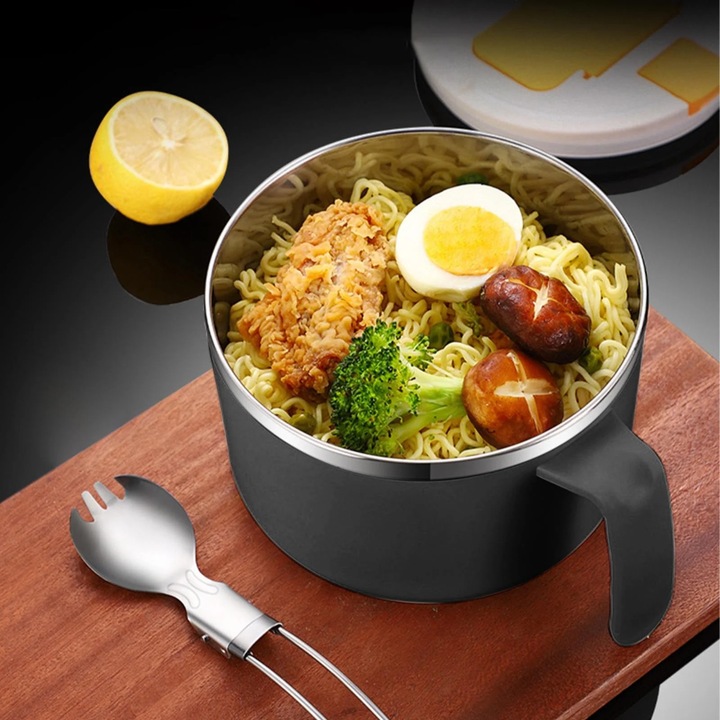Bol inox 1200ml pentru taitei cu lingura si betisoare pliabile, maner, set pentru microunde, negru, 12x17x15cm