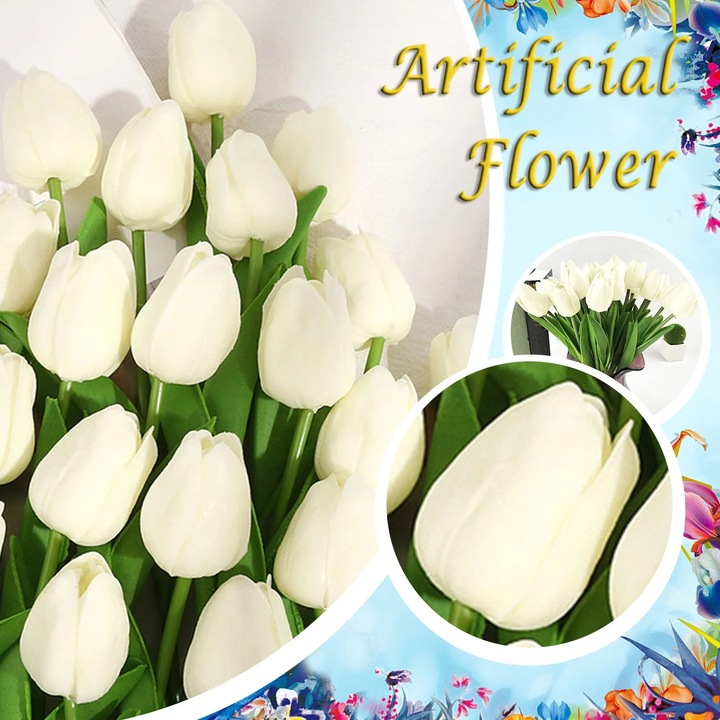 Buchet 10 flori artificiale lalele, 34x4.5cm, multicolor