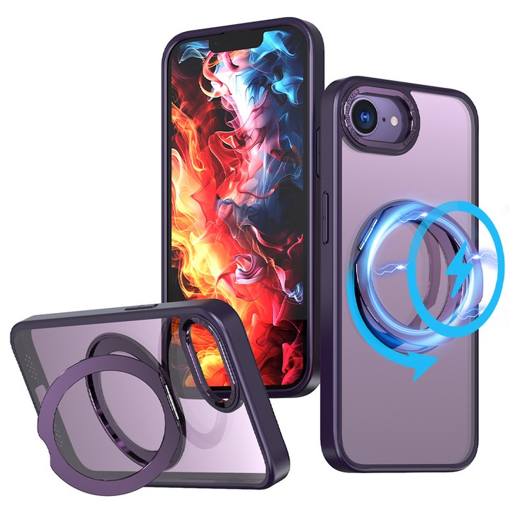 Husa pentru iPhone 16e, Magnetic Ring, Suport inel, MagSafe, Protectie Antisoc Camera, Mov