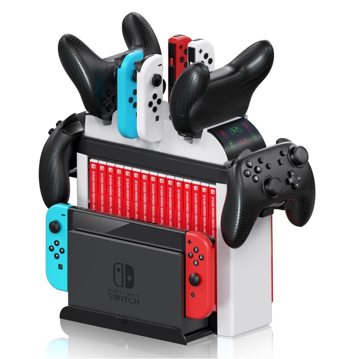 Вертикална стойка за зареждане за Nintendo Switch, 6 в 1, органайзер за 15 игри, бързо зареждане за 6 контролера, черно/бяло