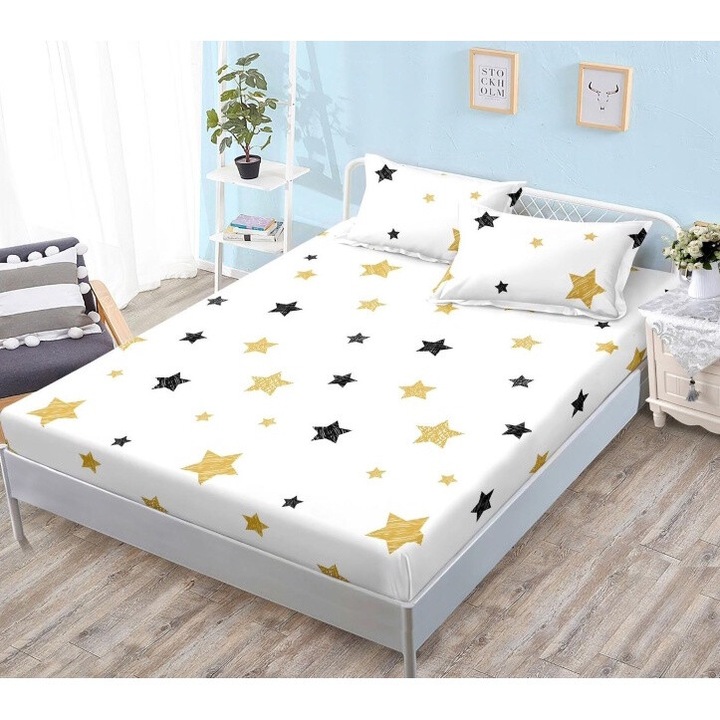 Husa de Pat, cu Elastic, 3 Piese, Bumbac Satinat, 180x200cm, Imprimeu Stelute, Alb-Multicolor