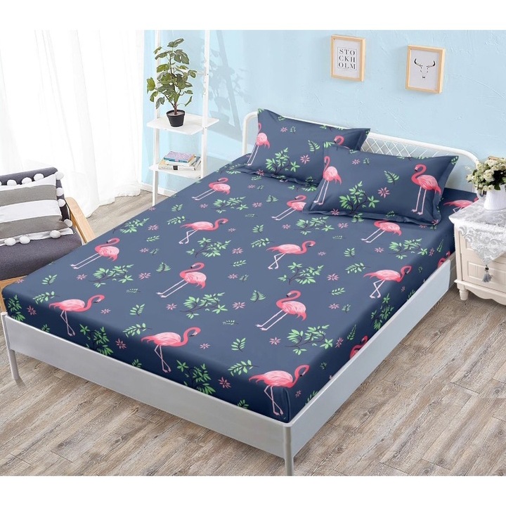 Husa de Pat, cu Elastic, 3 Piese, Bumbac Satinat, 180x200cm, Imprimeu Flamingo, Multicolor
