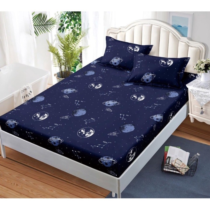 Husa de Pat, cu Elastic, 3 Piese, Bumbac Satinat, 180x200cm, Imprimeu Planete, Bleumarin