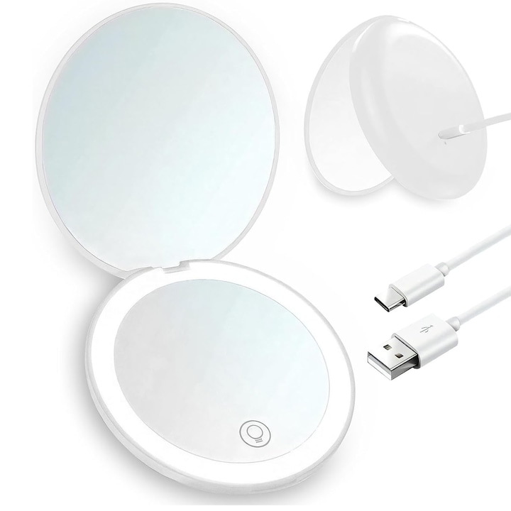 Oglinda pliabila machiaj si cosmetica portabila, ZGGZERG, Mini oglinda de buzunar pentru machiaj pliabila, Cu cablu incarcare Type-c, 2 Fete, Marire 3x, Iluminata LED, 400mAh, Pentru iesirile in oras sau calatorii, ABS/sticla, 9*9*1.8cm, Alb