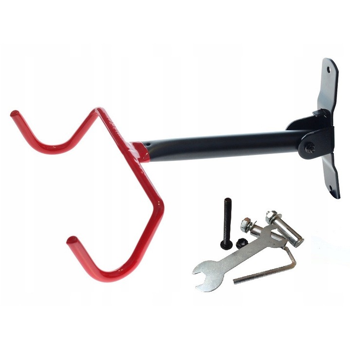 Suport De Perete Pentru Bicicleta, TMY, Constructie Robusta, Carlige Acoperite Cu Cauciuc De Protectie, Metalic, Negru Cu Rosu, Capacitate Maxima 20 kg, Dimensiuni 39x27, 5 cm, Set Cu Carlig Si Dibluri, Set 2 Bucati