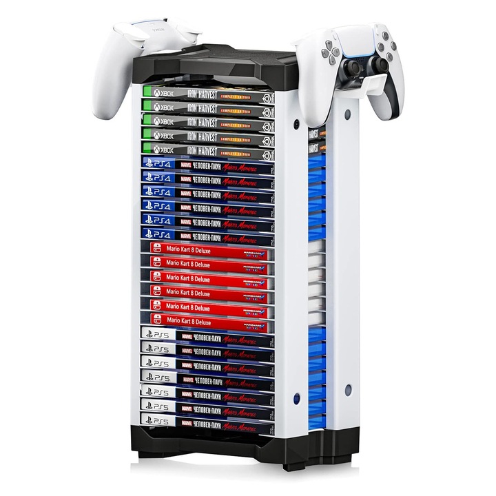 Organizator de jocuri video, cu 23 sloturi pentru carduri de disc, suport pentru 2 controlere, pentru PS5/ PS4/ Xbox Series S/ X/Nintendo Switch, ABS, Negru/Alb