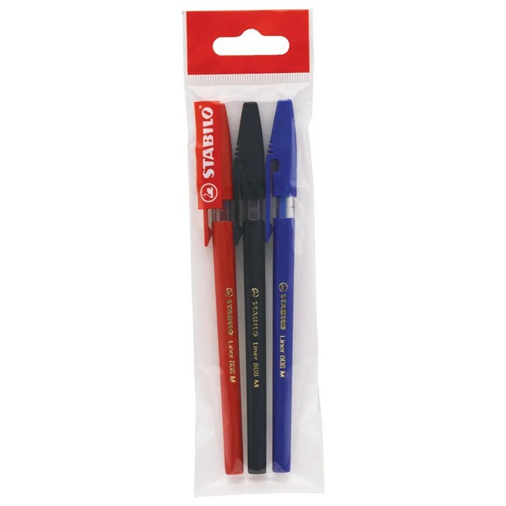 Pix fara mecanism Stabilo liner, M, 0.45 mm, 3 culori/blister eco, albastru, negru, rosu