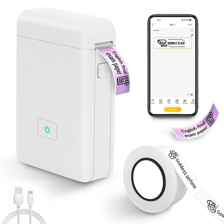 Producator de etichete termice, Noonedibs, imprimare fara cerneala, conexiune Bluetooth, reincarcabila, cu benzi de etichete, etichetare portabila, pentru scoala, acasa sau afaceri, alb