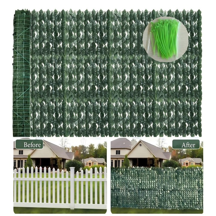 Gard paravan viu cu frunze artificiale, Excitat®, Cu 100 de legaturi de cablu din plastic, 500x150 cm, Verde