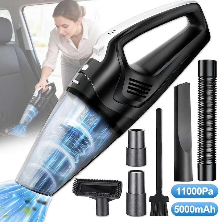 Aspirator Auto de Mana Wireless, BYONDSELF®, fara perii, 5000mAh, 120000 rpm, Vine cu un furtun pentru aspirarea podelei, potrivit pentru masina/casa/birou, negru