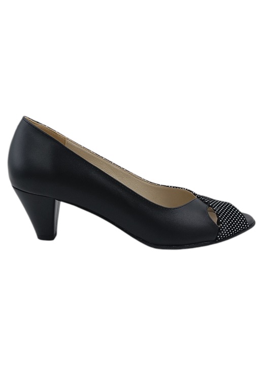 Pantofi sanda dama eleganti, piele naturala cu imprimeu buline albe, varf decupat, toc mic masiv, negru