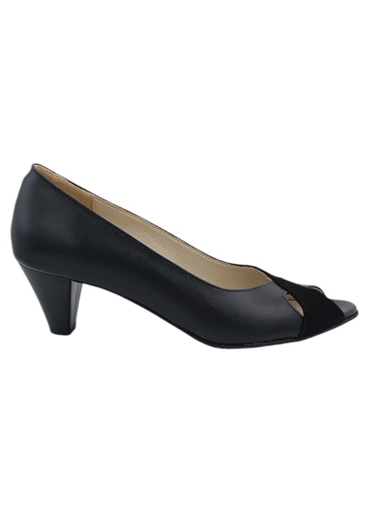 Pantofi sanda dama eleganti, piele naturala si piele intoarsa, varf decupat, toc mic masiv, negru