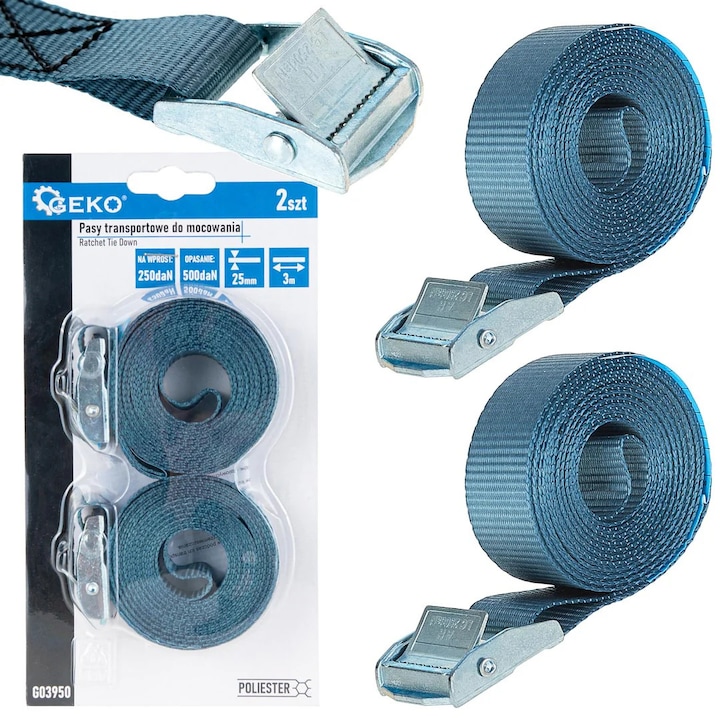 Set curele transport, 25 mm x 3 m, capacitate maxima 500 kg, 2 bucati, Geko G03950