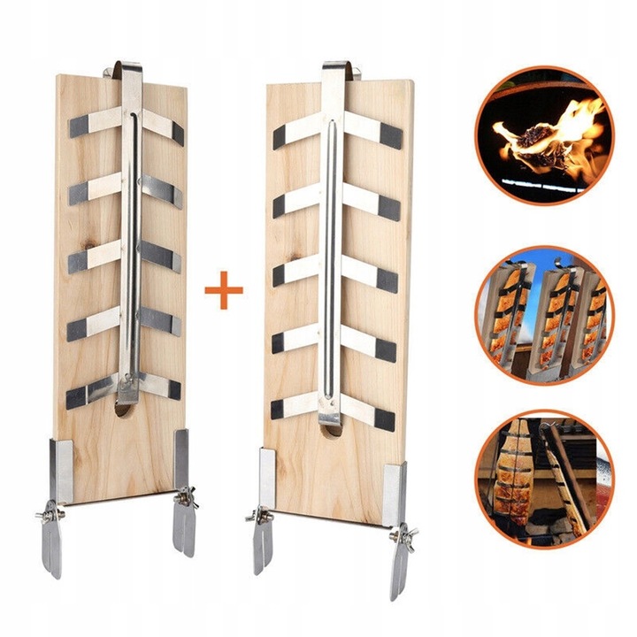 Placa de somon flambat, Placa de lemn pentru peste, Placa de din mesteacan alb pentru gratar, suport din otel inoxidabil reglabil, usor de curatat, Set de 2, 2-6 mm,46*15.5*1.5cm
