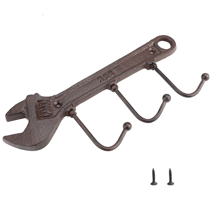 Retro öntöttvas ruhaakasztó, kulcs alakú, 3 akasztóval, 23,5x10,5cm