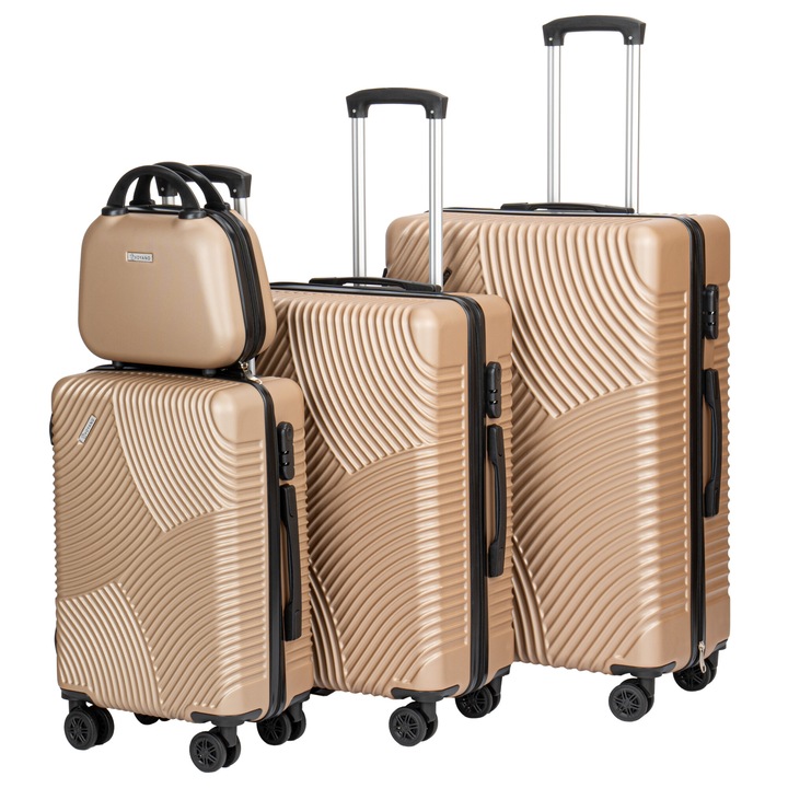 4 db Voyano gurulós bőrönd készlet, arany, ABS, forgatható kerekekkel, 7/36/59/90 L