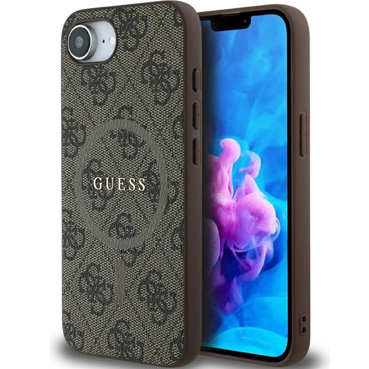 Husa Guess Hardcase 4G Ring Classic Logo Magnet pentru iPhone 16e, maro