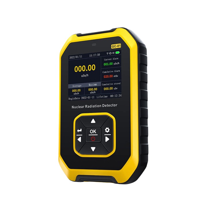 Преносим детектор за ядрена радиация, Гайгерова тръба, цветен LCD екран, звукова/светлинна/вибрираща аларма, 10x5x2 см