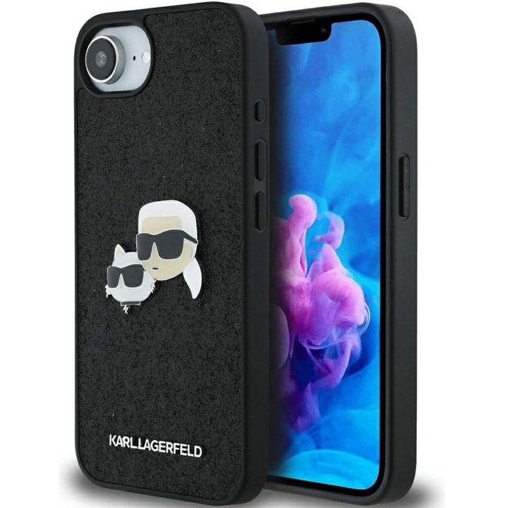 Karl Lagerfeld Fixed Glitter K&CH Heads Apple iPhone 16e (6.1) hátlapvédő tok fekete (KLHCPSE4PFGKCPK)